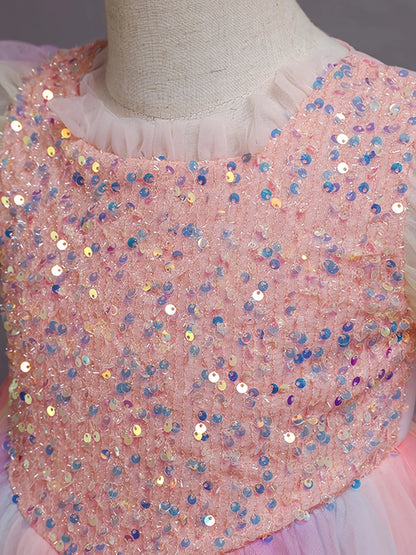 Girls Dress Color Mesh Dress Long Sequin Children's Skirt Girls Piano Host Costumes#323