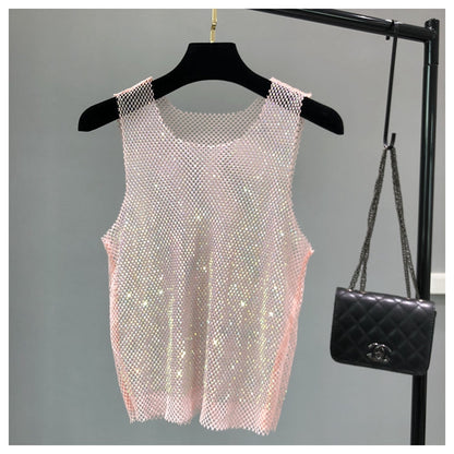 Crystal Beading Shiny Tanks Party Club Sexy Hollow Out Diamonds Stamping Camis Winky Sleeveless Vest