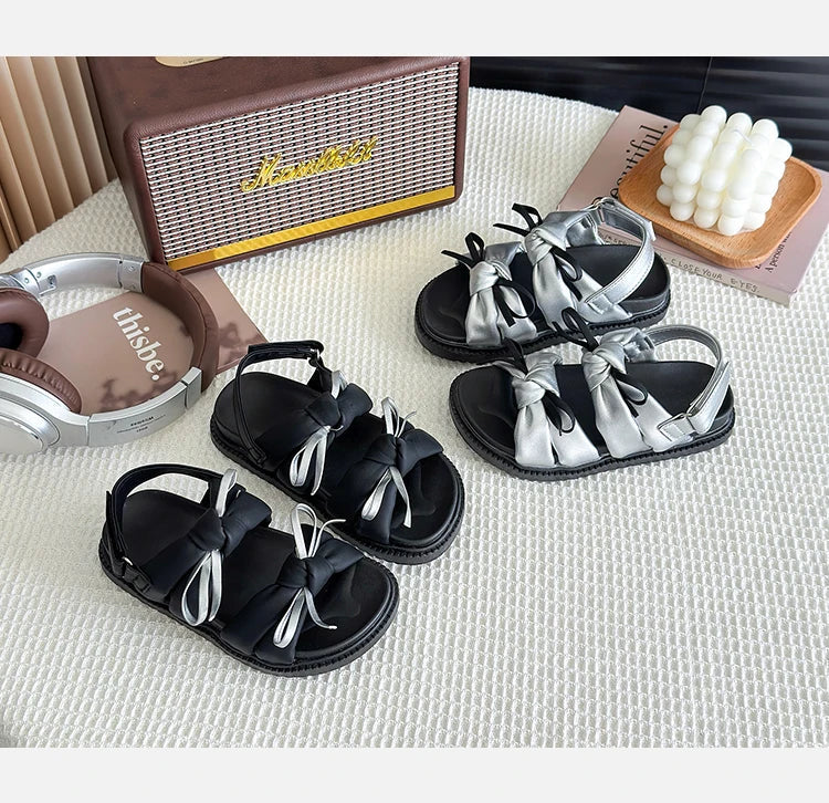 2026 Summer Girls Princess Sandals with Double Bow-knots Soft Fashion Classic Kids Summer Beach Shoes Open Toes Sweet Anti-skid