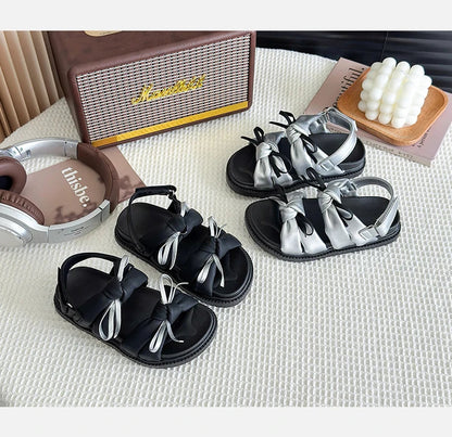 2026 Summer Girls Princess Sandals with Double Bow-knots Soft Fashion Classic Kids Summer Beach Shoes Open Toes Sweet Anti-skid