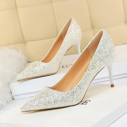 Women 7cm 9.5cm High Heels Pumps Wedding Bridal Scarpins Sparkly Mid Heels Lady Party Sequins Glitter Evening Gold Silver Shoes