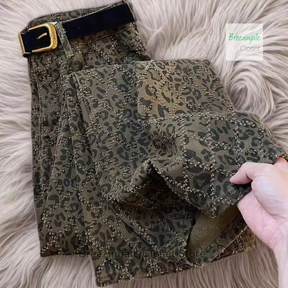 American high street leopard jeans women spring and summer new niche fashion design retro casual slim straight wide-leg pants.