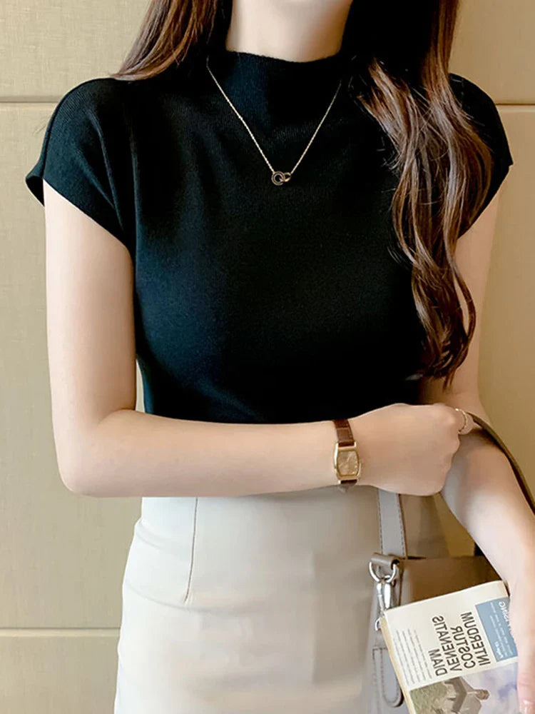 New Women Summer Knitted Turtleneck Sleeveless T-Shirts Tops Solid Slim Fit Pullovers Causal Tees Female Streetwear Basics Tees