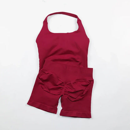 Seamless Yoga Set Womens Backless Halter Tank Top Ribbed Waist Gym Shorts 2 Piece Sets Women Outfit Workout Clothes