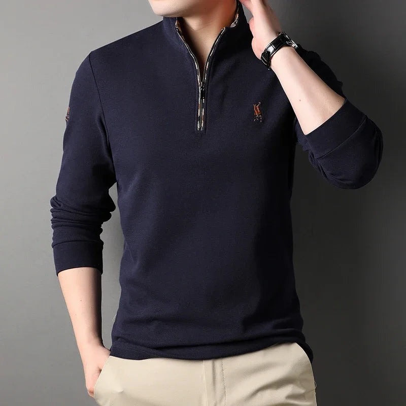 Luxury new Half Zipper Long Sleeve T-shirt 100% Cotton Brand Embroidered Stand Collar Men's Clothing Autumn Casual polo shirt