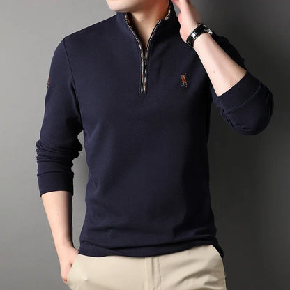 Luxury new Half Zipper Long Sleeve T-shirt 100% Cotton Brand Embroidered Stand Collar Men's Clothing Autumn Casual polo shirt
