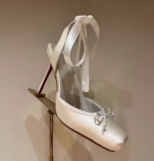 New style high heels with straps, satin toe cover, hollow square bow, thin heel, ballet style single shoes35-46