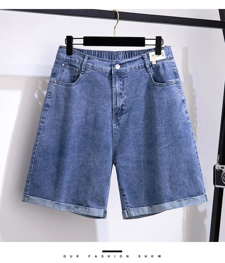 150Kg Plus Size Women's Five-Point Denim Shorts Hip 150 Summer High-Waist Loose Wide Leg Pants Blue Black 5XL 6XL 7XL 8XL 9XL