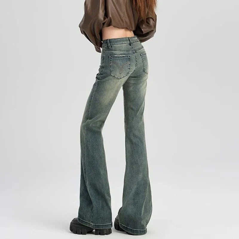 Women Thin High Waist Flared Jeans Pants