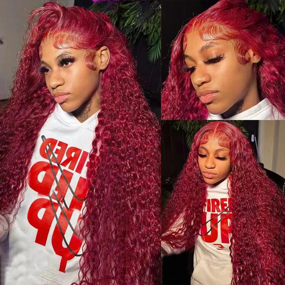 13x6 99j Burgundy Lace Front Wigs Human Hair Deep Wave 250 Density Transparent Frontal Wigs Pre Plucked Red Curly Wigs for Women