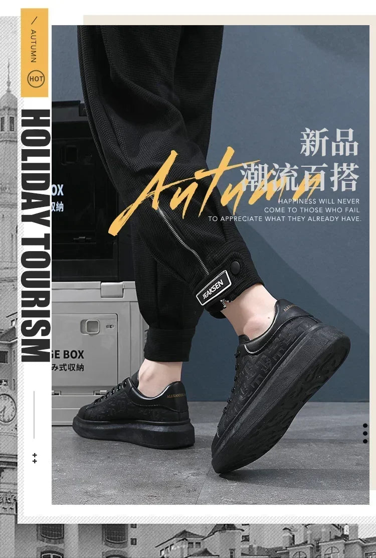 2025 New Men's Shoes Spring and Autumn Flat-soled Casual Leather Shoes Sports Shoes Black and White Men's Thick-soled Breathable