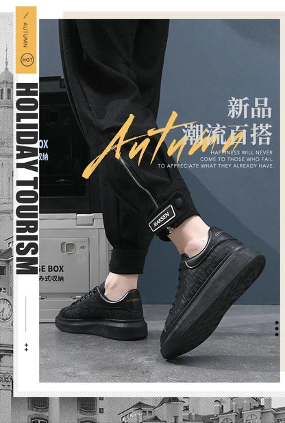 2025 New Men's Shoes Spring and Autumn Flat-soled Casual Leather Shoes Sports Shoes Black and White Men's Thick-soled Breathable