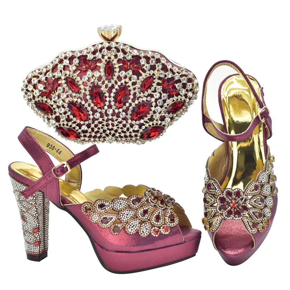 Fashion Italian Shoe and Bag Set for Party In Women Afrcan Party Shoes with Bag Set with Rhinetsone Luxury Shoes Women Designers