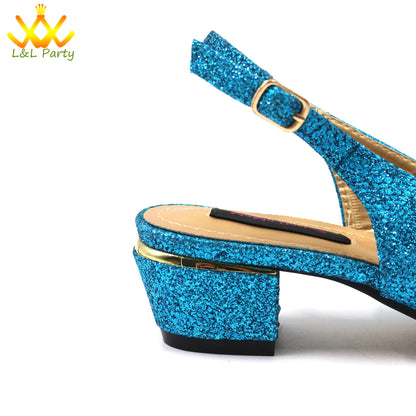 Italian Women Shoes Matching Bag Set in Sky Blue Color Comfortable Heels with Appliques for Wedding