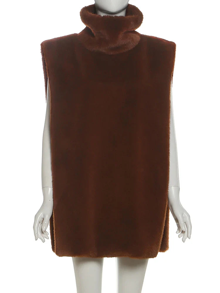 Autumn New Style Tank Tops Woman Furry Patchwork Turtleneck Daily Street Casual Simple Fashion Solid Elegant Clothing