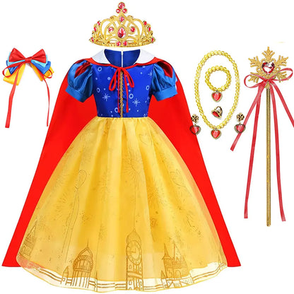 Vestido Laranja Disney Princesa Cosplay de Manga Curta Fofo com Renda para Meninas + Capa + Conjunto de Acessórios Presente de Aniversário
