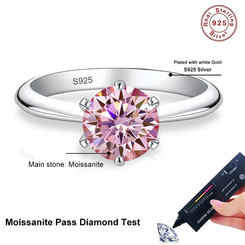 0.5ct 1ct 2ct 3ct Blue Pink Purple Black Moissanite Rings for Women Sterling 925 Silver Wedding Party Band Woman's Ring