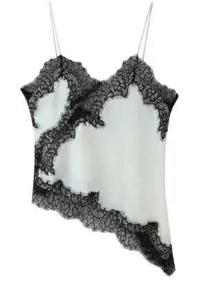 Women Lace Trim Satin Camisole V Neck Spaghetti Strap Backless Asymmetrical Tops Trendy Summer Streetwear
