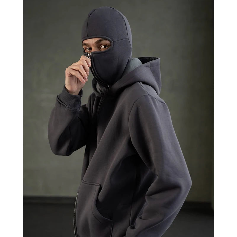 Men's Double Hat Mask Zipper Design Winter Windproof Hoodie Sports Jacket Outdoor Activities Hiking Travel Running Sweatshirt ﻿