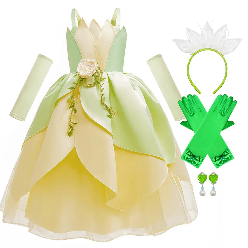 Kids Girl Tiana Dress for Girls Birthday Party Halloween Ball Gowns Evening Birthday Fancy Layered Costume Floral Fairy Clothing