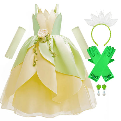 Kids Girl Tiana Dress for Girls Birthday Party Halloween Ball Gowns Evening Birthday Fancy Layered Costume Floral Fairy Clothing