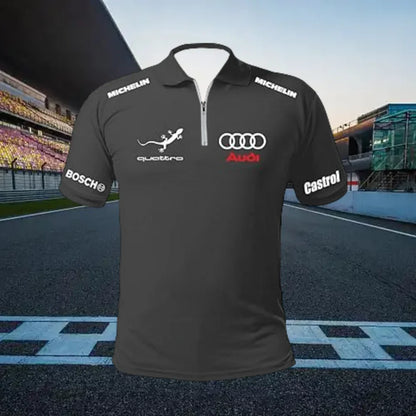 Summer Retro Racing Suit T-shirt POLO Shirt Zipper Printing Breathable and Comfortable Outdoor Sports Leisure Short Sleeves