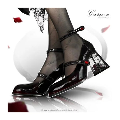 New 2024 Punk Gothic High Heels Pumps Women Rose Heeled Patent Leather Lolita Shoes Woman Y2K Ankle Straps Black Mary Jane Shoes