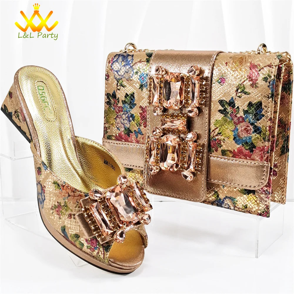 Shoes and Bag Set in Green Color High Quality Specials Design Slipper with Crystal for Wedding Dress