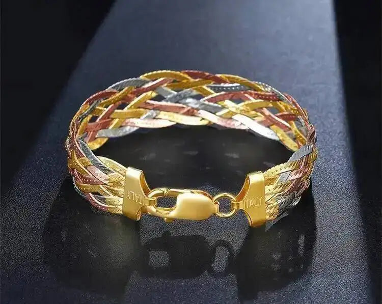 Real 925 Sterling Silver Three Color Gold Plated Multi Threads Woven Bracelets For Women Italian Jewelry Trendy Luxury Bracelets