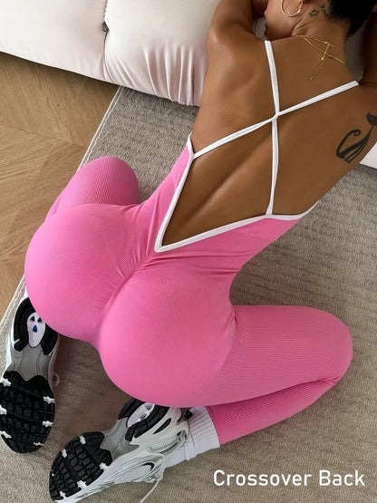 Pink Sports Jumpsuit Girls Running One Piece Bodysuit Workout Rompers Women Overalls Sportswear Fitness Yoga Suit