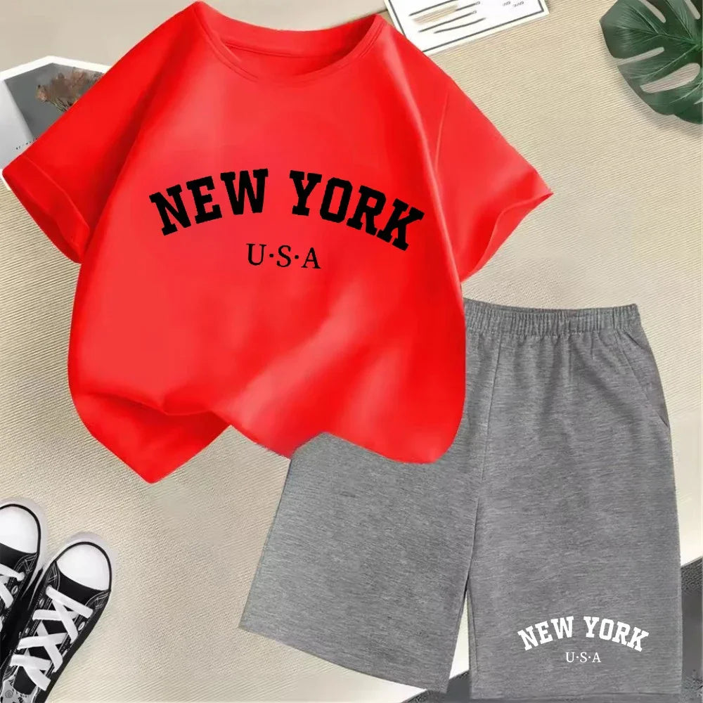 New York letter pattern boy and girl T-shirt+shorts 2-piece set
