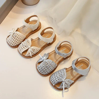 Girls Princess Shoes Weave Breathable Kids Beach Shoes with Simple Bows 2025 Summer New Children Sandals Soild Color Non-slip