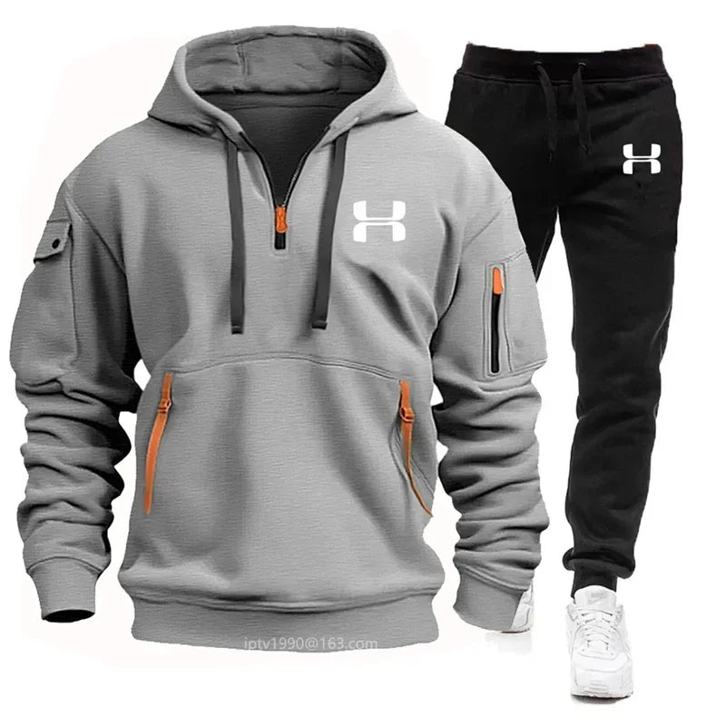 Men's autumn and winter new zipper long sleeved hooded sweatshirt, sports and casual pants, two-piece fitness jogging suit
