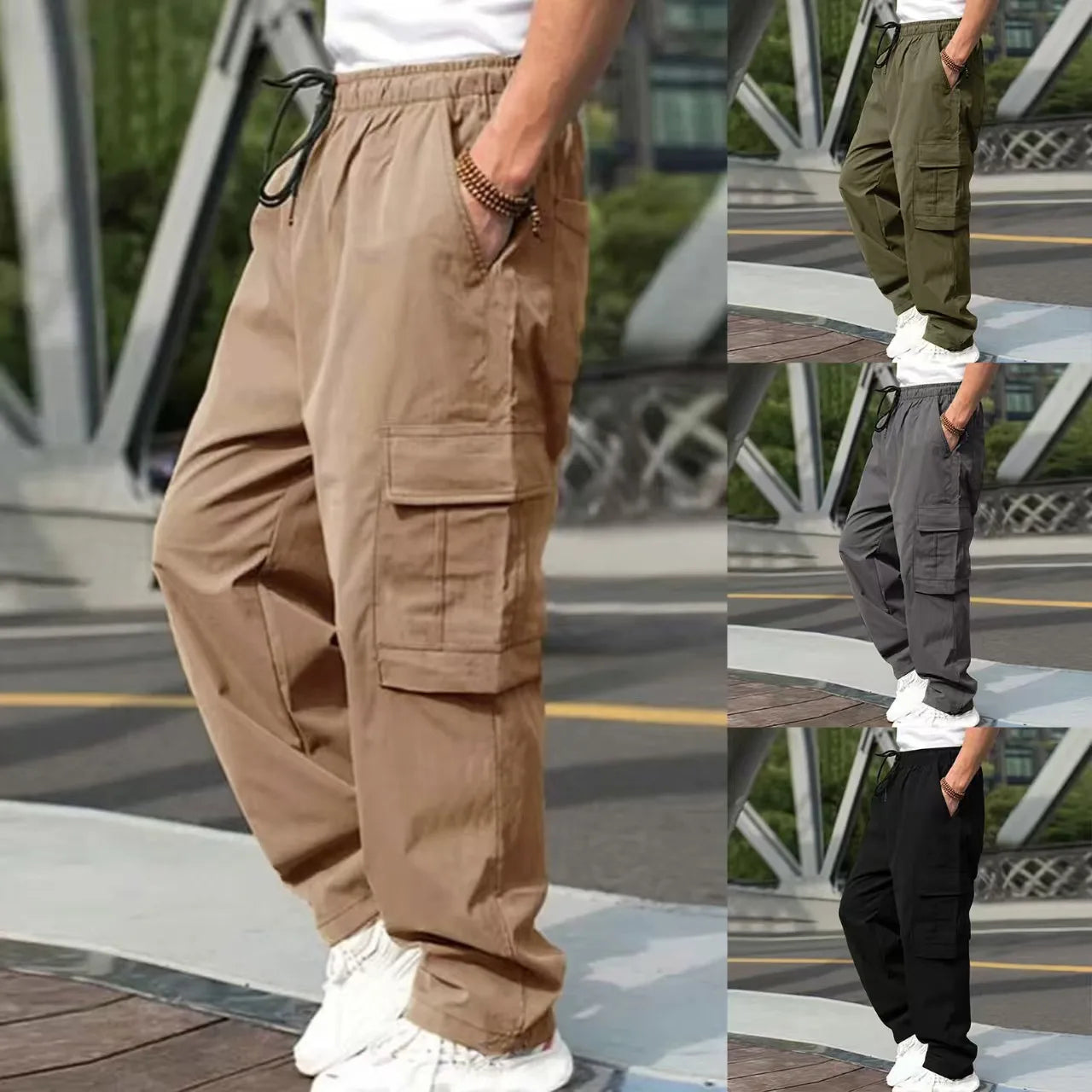 Men's Cargo Trousers Elastic Waist Elastic Multi-pocket Loose Combat Work Pants Outdoor Fitness Sports Casual Pants S-4XL