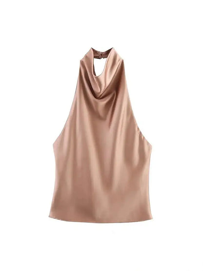 Sexy Chic Butter Yellow Satin Tops Women Halter Backless Beach Holiday Party Top Fashion 2025 New Year Evening Satin Top