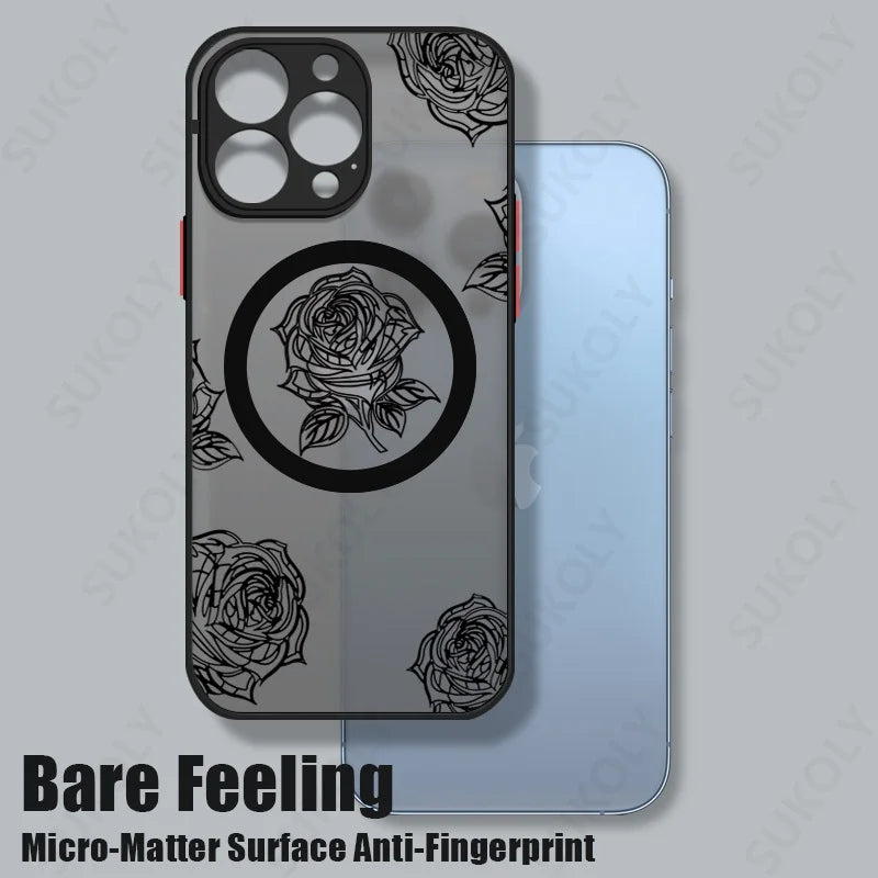 Flowers Pattern For iPhone 16 15 14 Pro Max 13 12 11 Pro Max Case For Magsafe Wireless Charging Matte Acrylic Hard Phone Cover