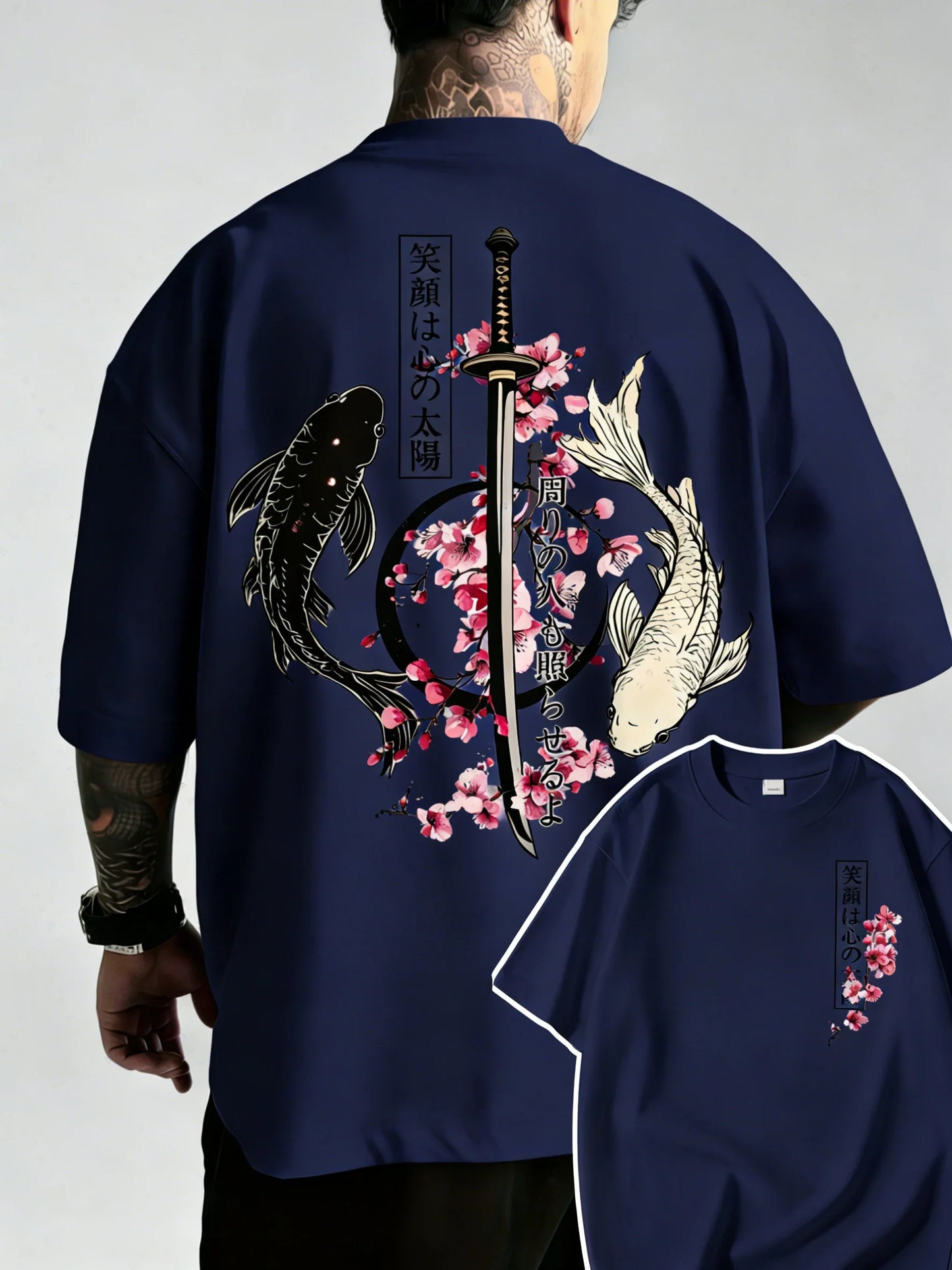 Summer Hot Japanese Yin Yang Koi Fish & Samurai Sword Pattern Cotton Men’s T-Shirt Short Sleeve Tees Casual Oversized Unisex Top