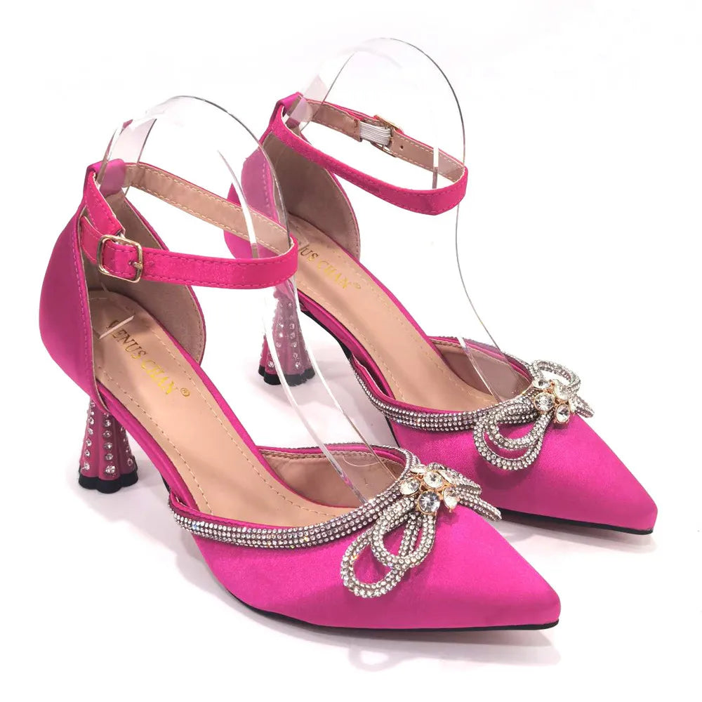 Ladies Pointed-Toe Party High Heels Magenta Colour Bow Rhinestone Stereo Bag Evening  African Wedding Shoe And Bag Set