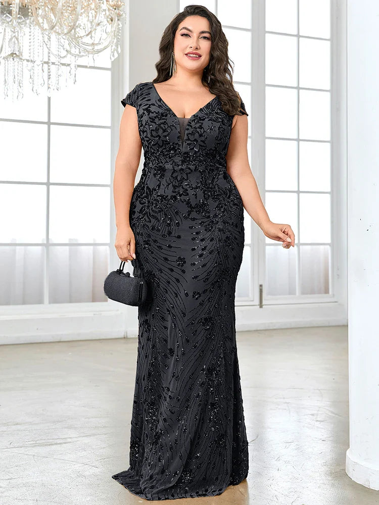 Plus Size Elegant Blue Evening Dress For Women 2024 Luxury Long Mermaid Formal Sequins V-neck Prom Wedding Party Gown