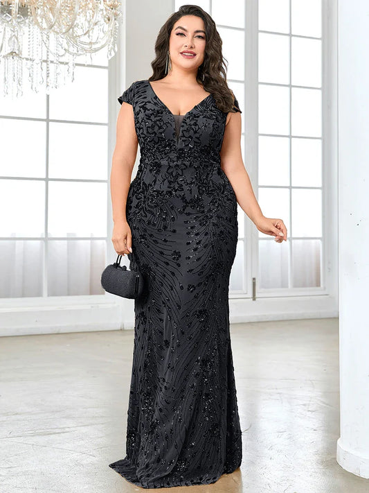 Plus Size Elegant Blue Evening Dress For Women 2024 Luxury Long Mermaid Formal Sequins V-neck Prom Wedding Party Gown