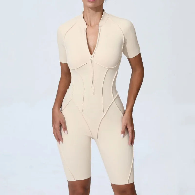 Zipper Short-sleeved Yoga Sports Fitness Jumpsuits Sets Without Chest Pad Tight Bodysuits Shorts Gym Workout Clothes for Women