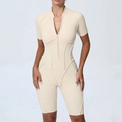 Zipper Short-sleeved Yoga Sports Fitness Jumpsuits Sets Without Chest Pad Tight Bodysuits Shorts Gym Workout Clothes for Women
