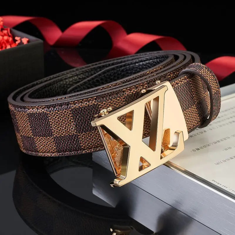 Men's fashion automatic buckle belt with checkered pattern strap, suitable for casual, business, and daily commuting