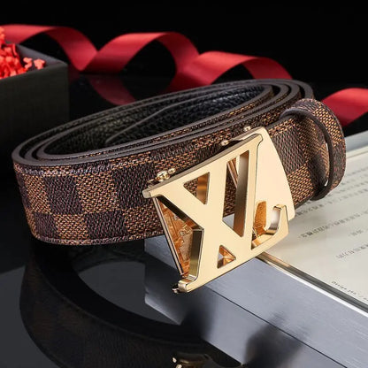 Men's fashion automatic buckle belt with checkered pattern strap, suitable for casual, business, and daily commuting