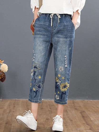Summer Fashion Ladies Vintage Embroidery Jeans Women Casual Floral Denim Trousers Ripped Harem Pantalons