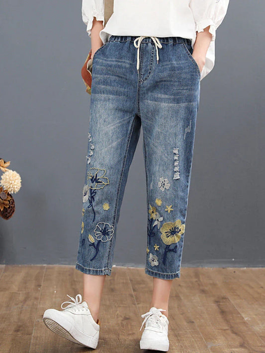 Calça Jeans Feminina Verão Bordado Vintage