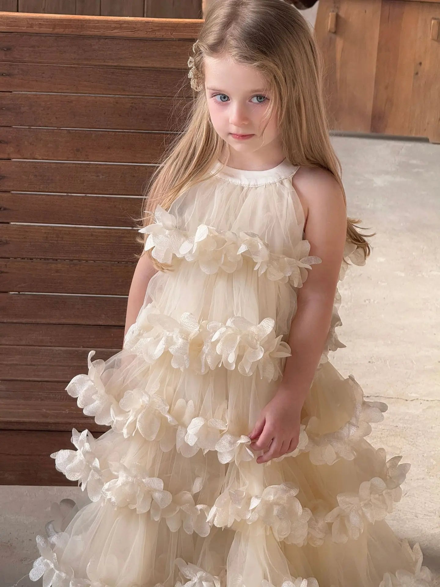 2025 Spring Summer New Children Clothing Girls Neck Hanging Flower Layered Long Dress Korean Children Birthday Princess Dress
