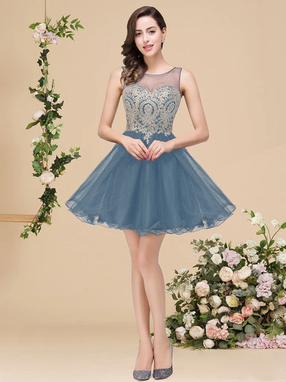 Vestidos Curtos Roxo de Baile com Apliques Dourados, Decote Ilusão A-Line, Mini Vestidos de Festa da Moda para Mulheres, Robe De Soirée