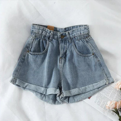 Summer High Waist Denim Shorts Women Casual Loose Ladies Fashion Plus Size Elastic Waist Wide Leg Short Jeans Female
