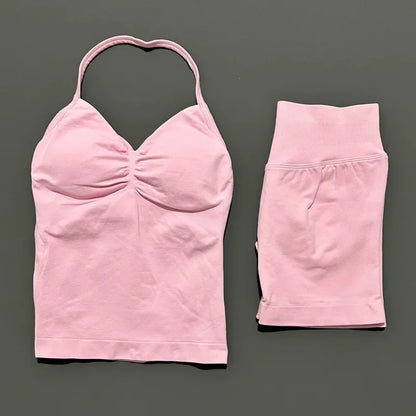 No Logo 2 Pies Sports Set Women Backless Tank Yoga Tops High Waist Scrunch Seamless Shorts Sport Gym Set Sportswear Workout Set